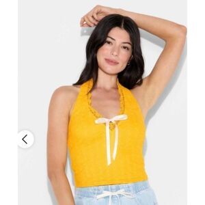 Wild Fable Yellow Lace-Trim Bow Halter Top